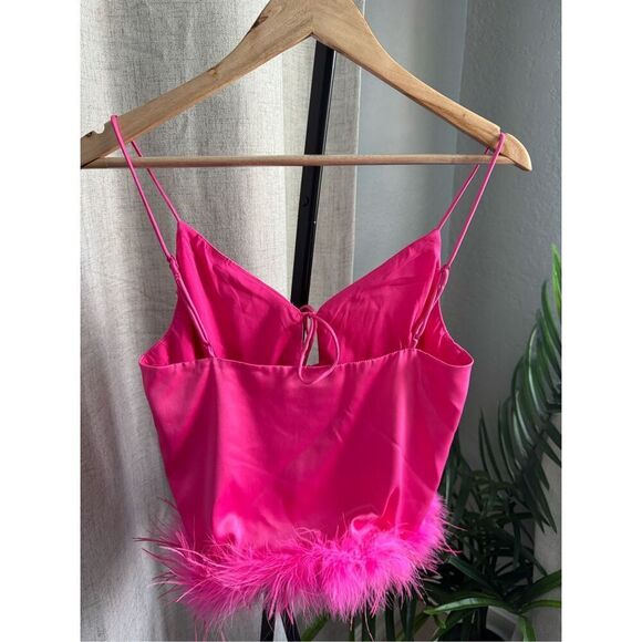REVOLVE More To Come Moxi Crop Pink Satin Blouse Feather Top‎ Barbiecore Medium - Picture 3 of 6